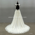 Gorgeous Long Chapel Train A Line Satin Wedding Dresses with Sheer Long Sleeves Crew Neckline Lace Appliques Bridal Gown